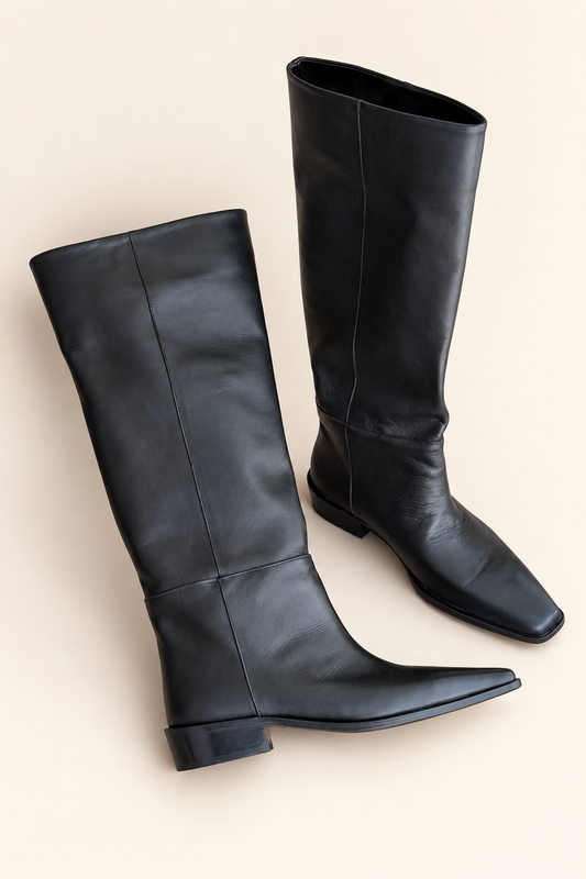 VELLORA Black Leather Knee-High Boots