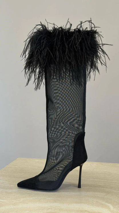 VARELIA Black Transparent Feather Heeled Boots