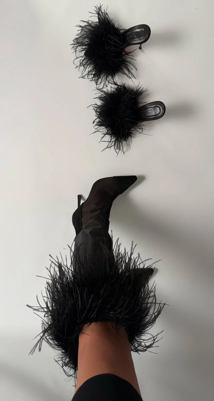 VARELIA Black Transparent Feather Heeled Boots