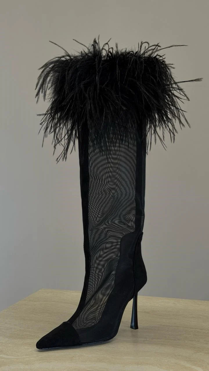 VARELIA Black Transparent Feather Heeled Boots