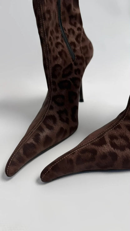 LEVARÉA Brown Leopard Stretch Heeled Boots
