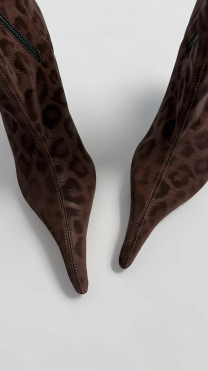 LEVARÉA Brown Leopard Stretch Heeled Boots