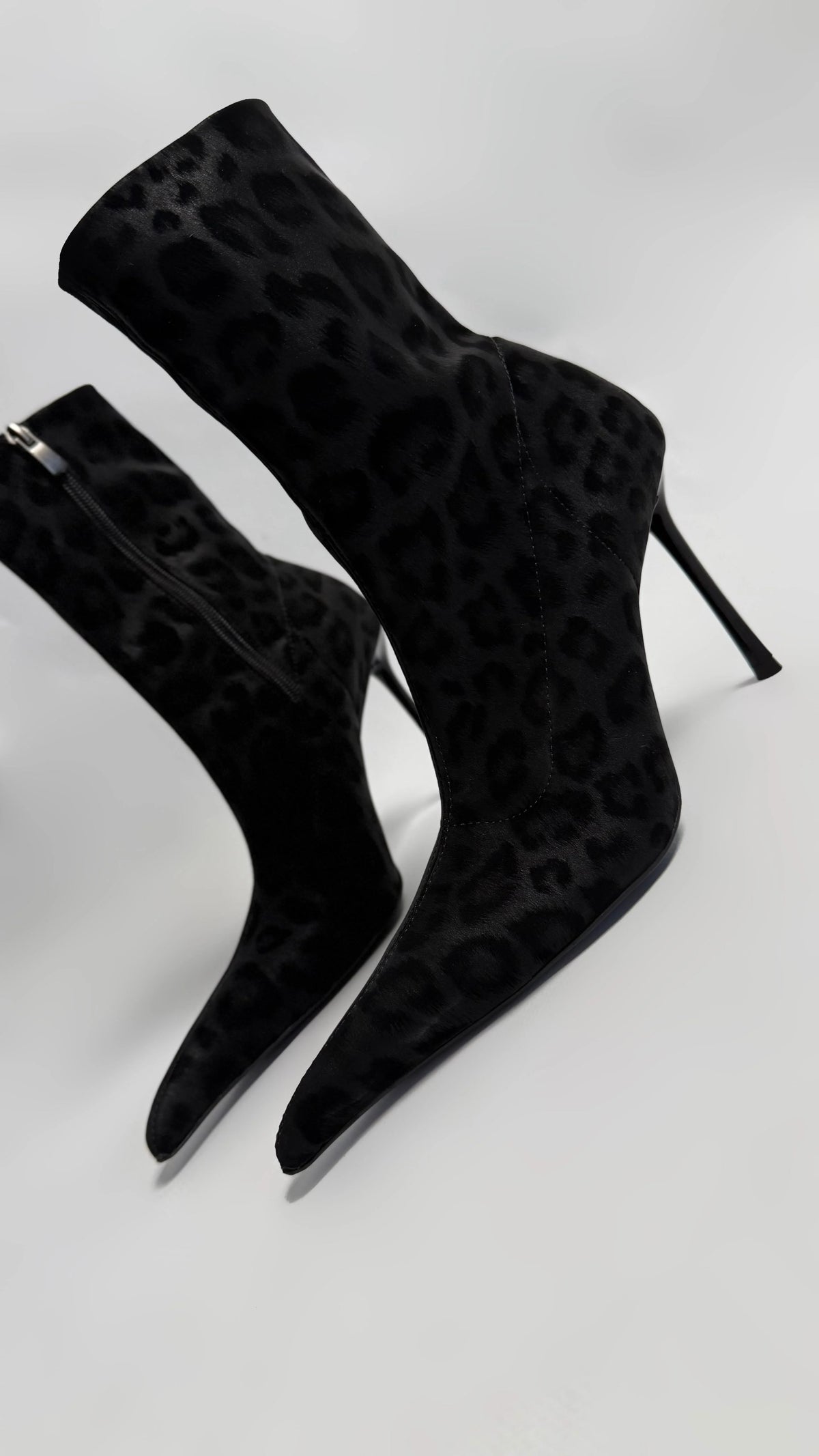 LEOVÉRA Black Satin-Textured Leopard Stretch Heeled Boots