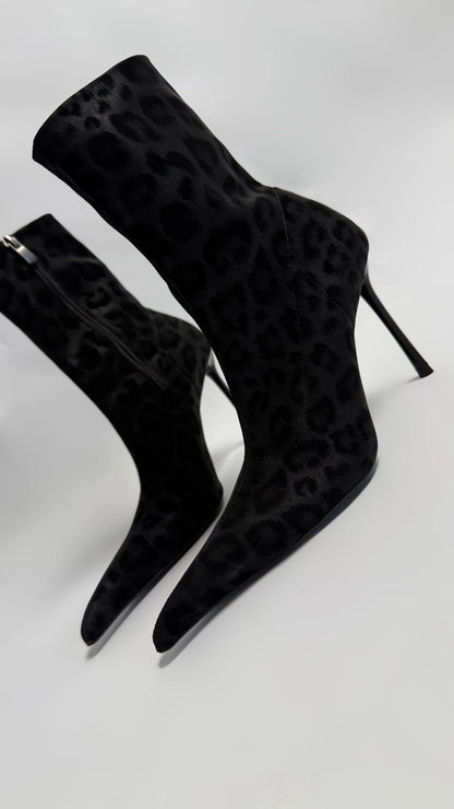 LEOVÉRA Black Satin-Textured Leopard Stretch Heeled Boots