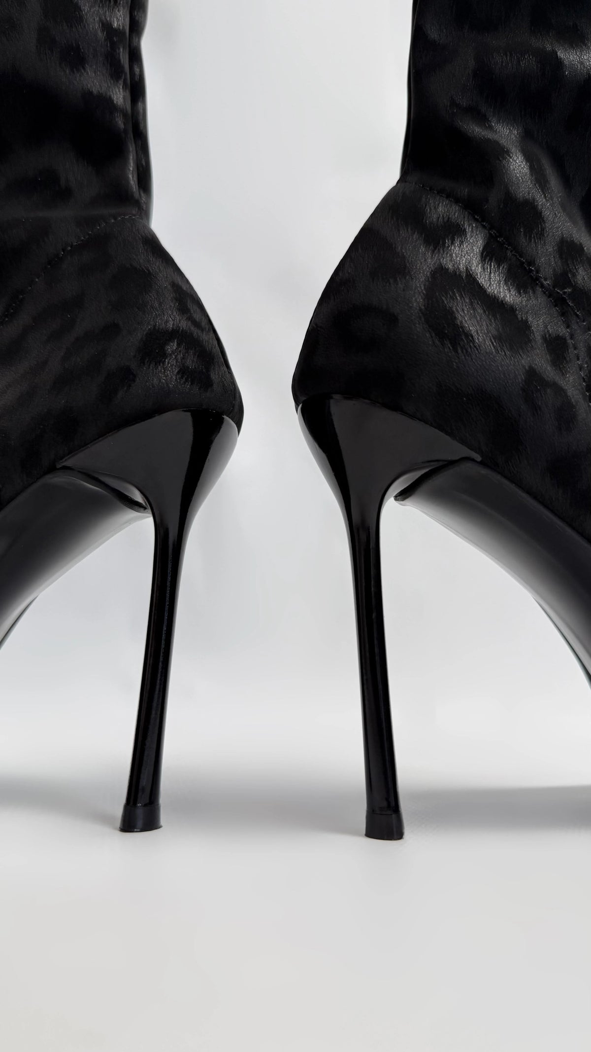 LEOVÉRA Black Satin-Textured Leopard Stretch Heeled Boots