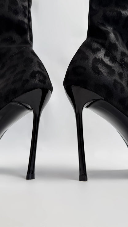 LEOVÉRA Black Satin-Textured Leopard Stretch Heeled Boots