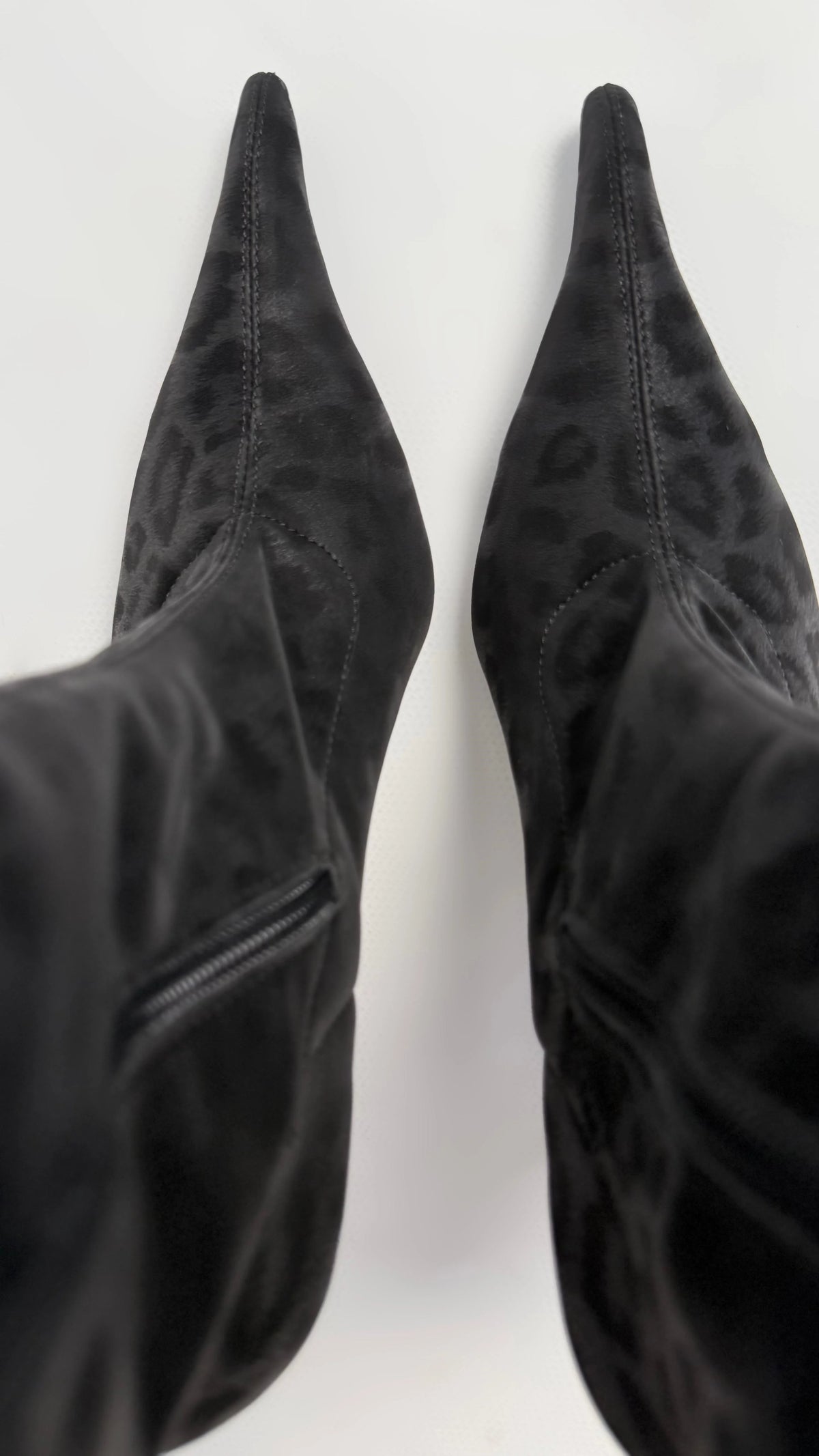 LEOVÉRA Black Satin-Textured Leopard Stretch Heeled Boots