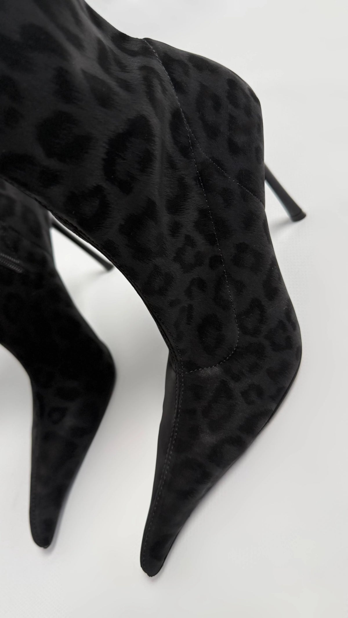 LEOVÉRA Black Satin-Textured Leopard Stretch Heeled Boots