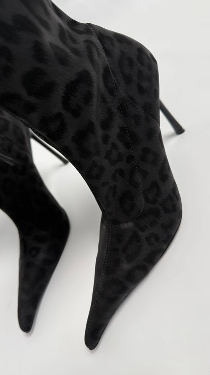 LEOVÉRA Black Satin-Textured Leopard Stretch Heeled Boots