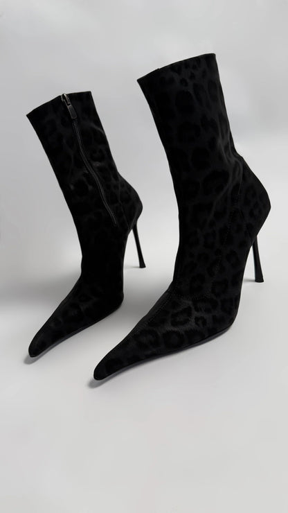 LEOVÉRA Black Satin-Textured Leopard Stretch Heeled Boots