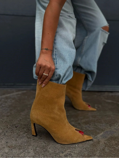 SOLÉVIA Mustard Suede Heeled Ankle Boots