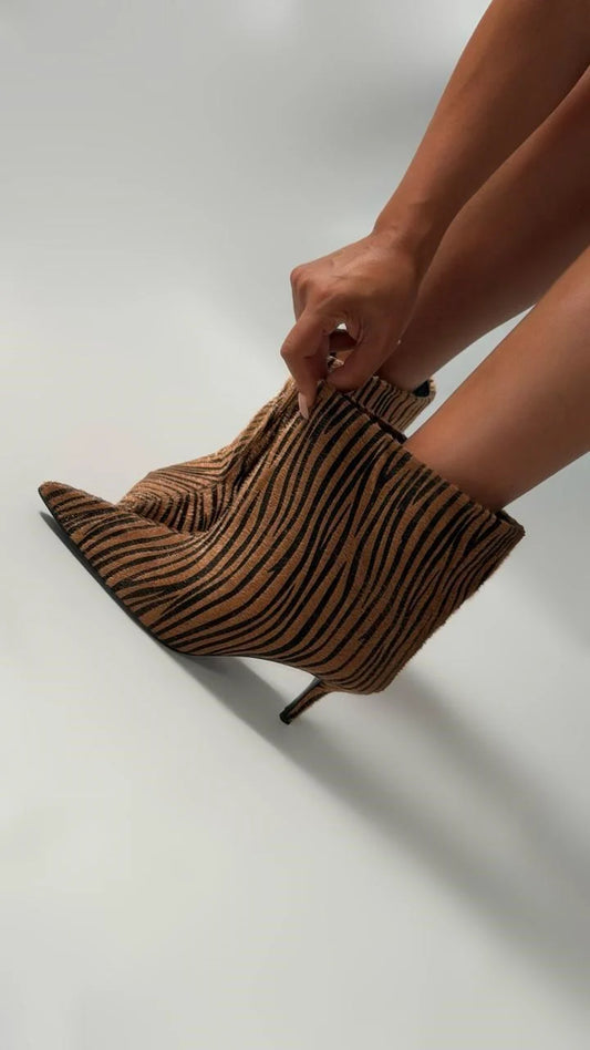 ZAVÉRIA Brown Zebra Suede Heeled Ankle Boots