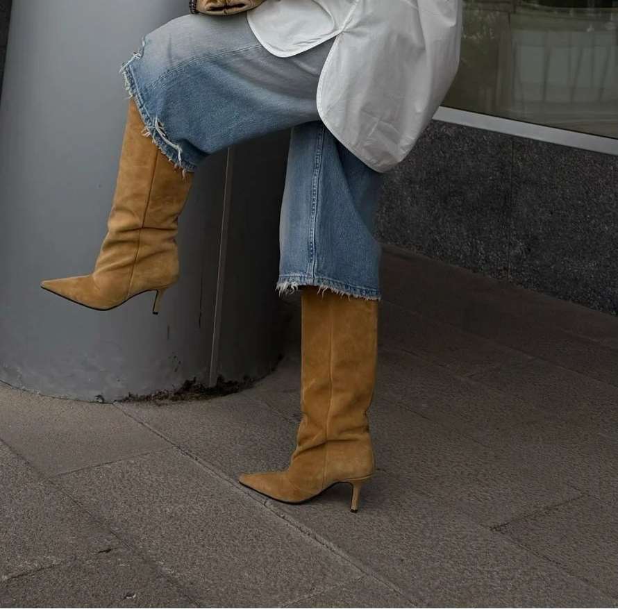 MARAVÉL Mustard Suede Heeled Ankle Boots