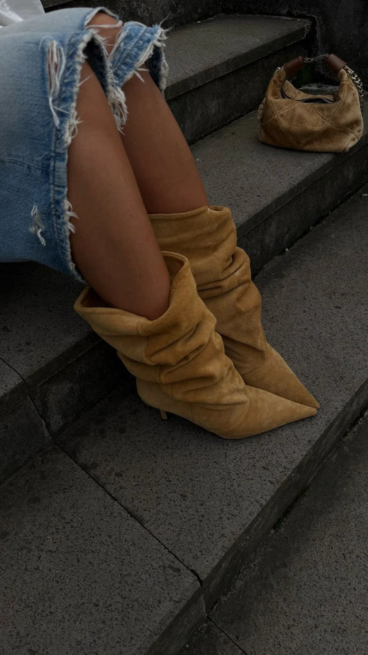 MARAVÉL Mustard Suede Heeled Ankle Boots