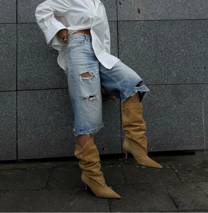 MARAVÉL Mustard Suede Heeled Ankle Boots