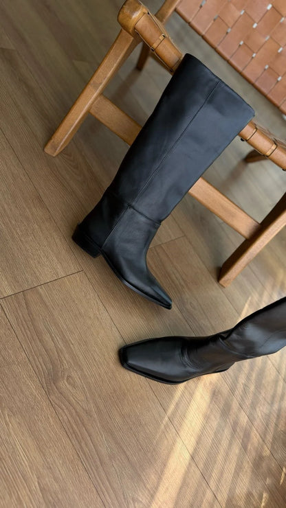 VELLORA Black Leather Knee-High Boots