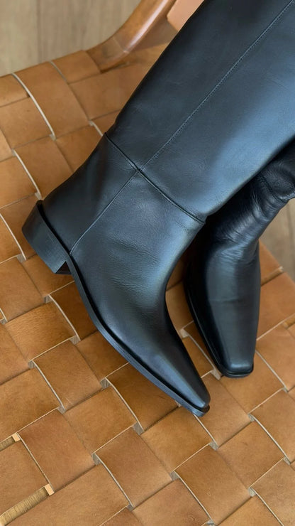 VELLORA Black Leather Knee-High Boots