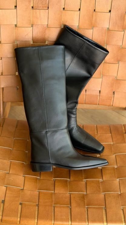 VELLORA Black Leather Knee-High Boots