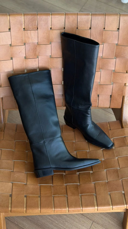 VELLORA Black Leather Knee-High Boots