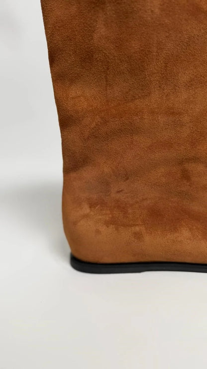 ELVORIA Tan Suede Wedge Ankle Boots