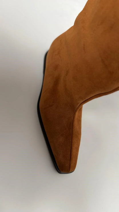 ELVORIA Tan Suede Wedge Ankle Boots