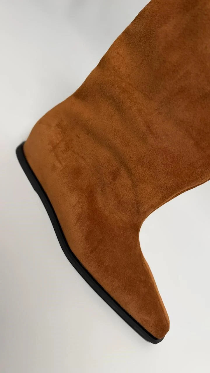 ELVORIA Tan Suede Wedge Ankle Boots