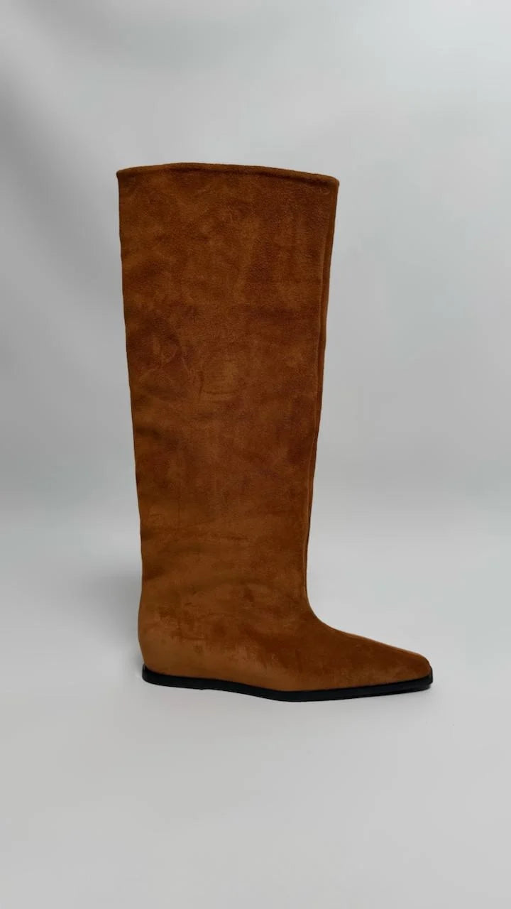 ELVORIA Tan Suede Wedge Ankle Boots