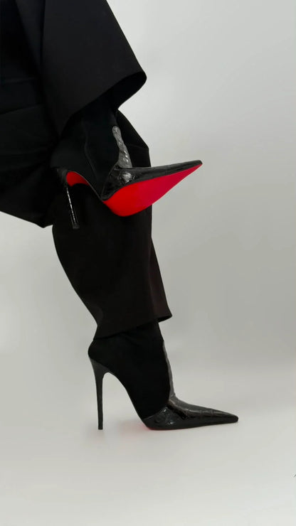 ELVÉNIA Black Stretch Heeled Boots