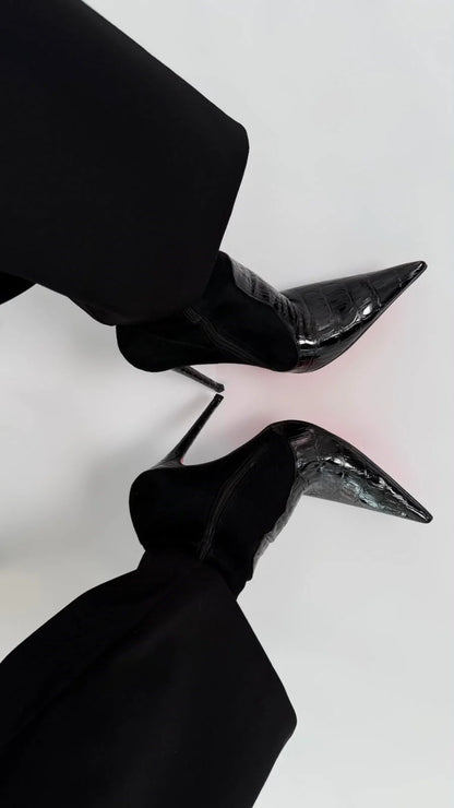 ELVÉNIA Black Stretch Heeled Boots