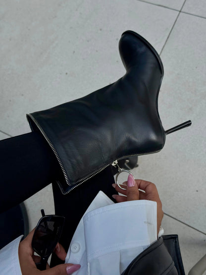 VELORIA Black Leather Heeled Boots