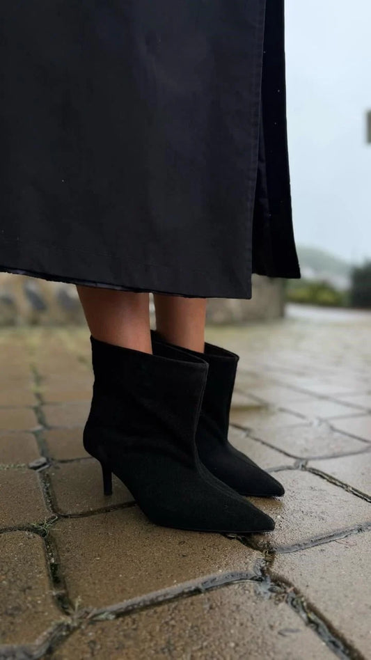 CAVÉLIA Black Suede Heeled Ankle Boots