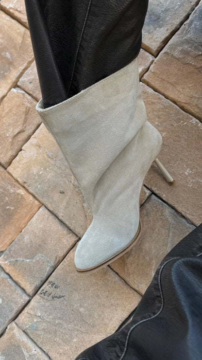 SORELIA Beige Suede Heeled Boots | LUMORA