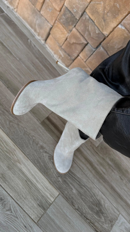 SORELIA Beige Suede Heeled Boots | LUMORA
